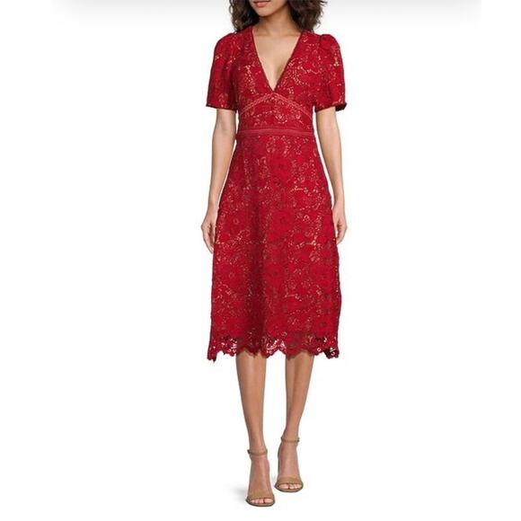 Adelyn Rae Red Lace V-Neck Short Puff Sleeves Midi A-Line Red Dress Womens Large - Picture 1 of 13